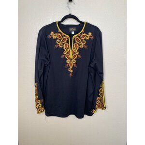 Bob Mackie Wearable Art Womens Embroidered Long-Sleeve Top XL Black/Yellow/Red